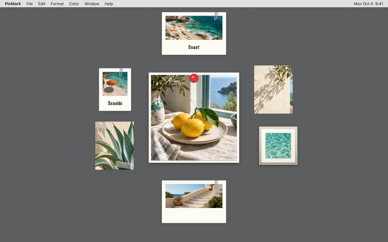 The same seven photos arranged by Photo Wall in the Gallery layout, largest photo in the center.