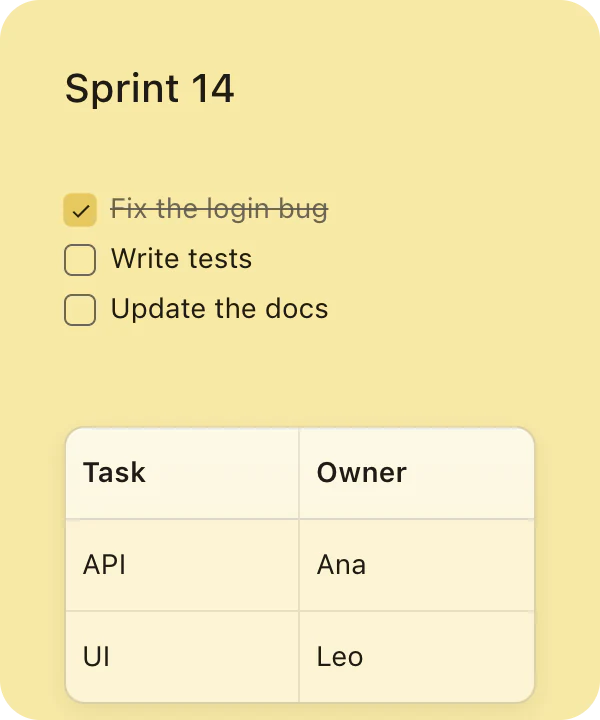 The same sprint note in PinMark Sticky: a checklist with one item ticked and a two-column table.