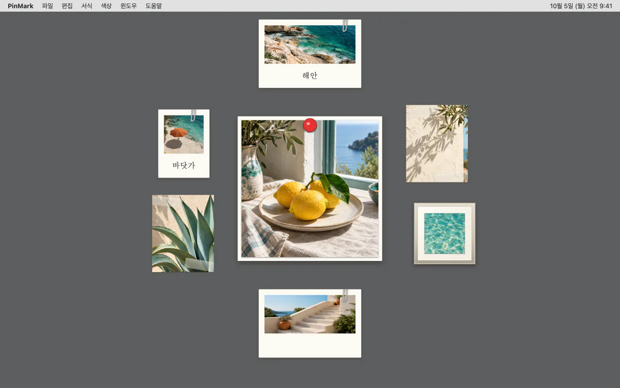 같은 사진 7장을 포토 월이 갤러리 배치로 정리한 모습. 가장 큰 사진이 가운데에 있습니다.