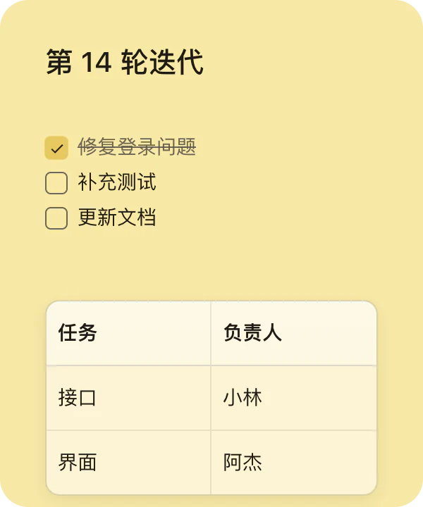 同一段迭代内容在 PinMark Sticky 中：一项已勾选的待办清单和一张两列表格。