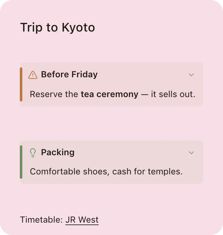 A Trip to Kyoto sticky note with a warning callout, a tip callout, and a link.