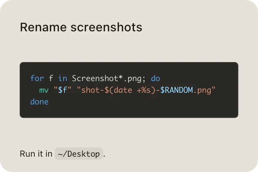 A sticky note with a highlighted Bash loop that renames screenshots.