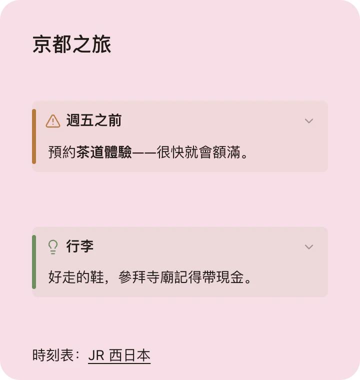 「京都之旅」便箋：一個警告提示區塊、一個提示區塊和一個連結。