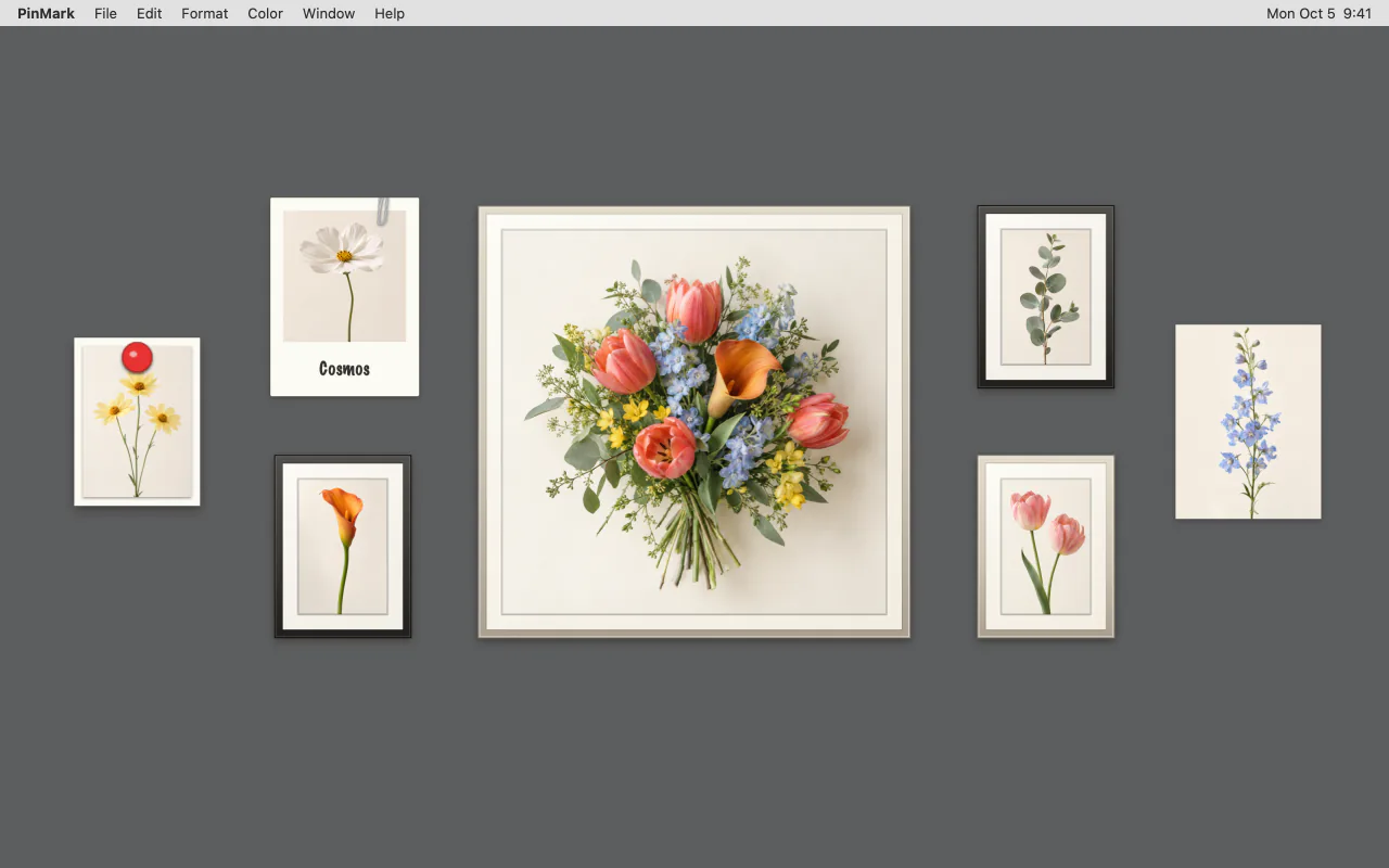 Seven flower prints arranged by Photo Wall in the Gallery layout, with the largest photo in the center.