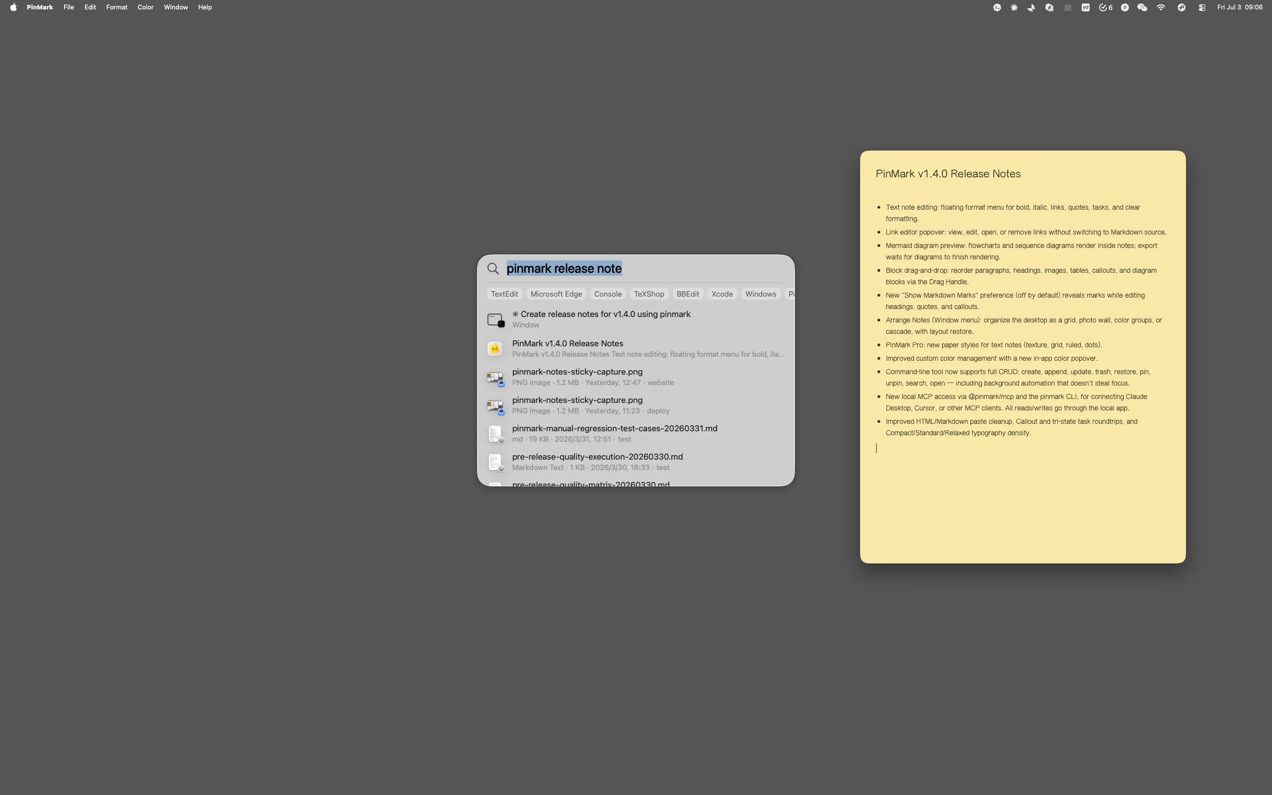 通过 macOS Spotlight 找到一张 PinMark 笔记，笔记同时显示在桌面上